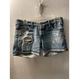 Hollister cut off denim blue jean short 3/26 holes button fly distressed‎ womens